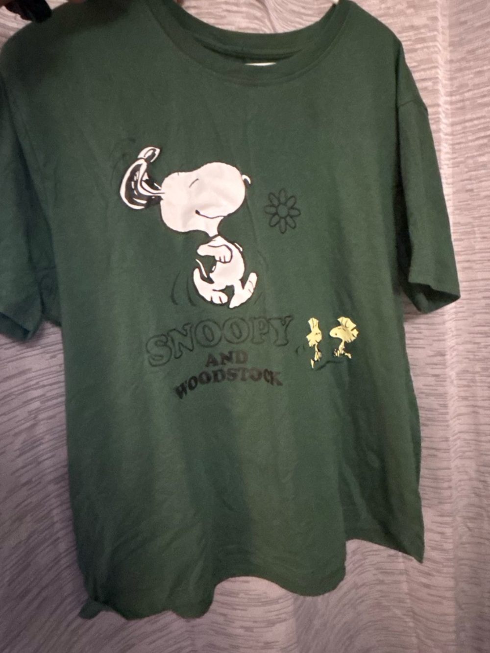 Peanuts Green Tee with Snoopy & Yellow Woodstock